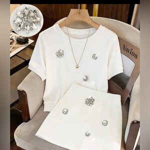 NIP Two- Piece set. short-sleeve top matching skirt w/crystal embellishment. 🤍🩶